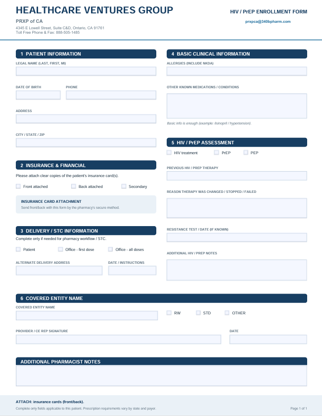 Image of enrollment form for PRXP of CA